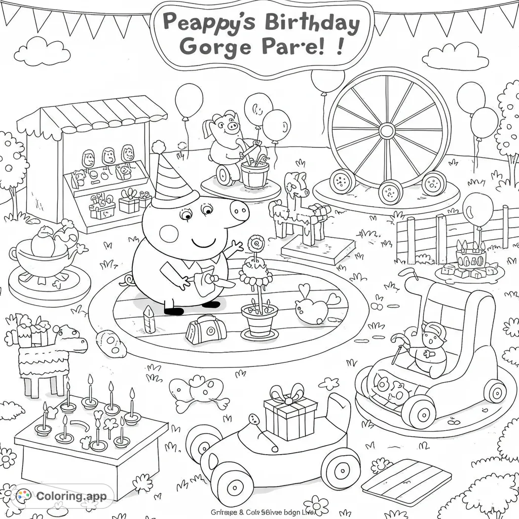 Celebrate with this fun birthday party coloring page! Features a pig character, market stall, Ferris wheel, and festive decorations.