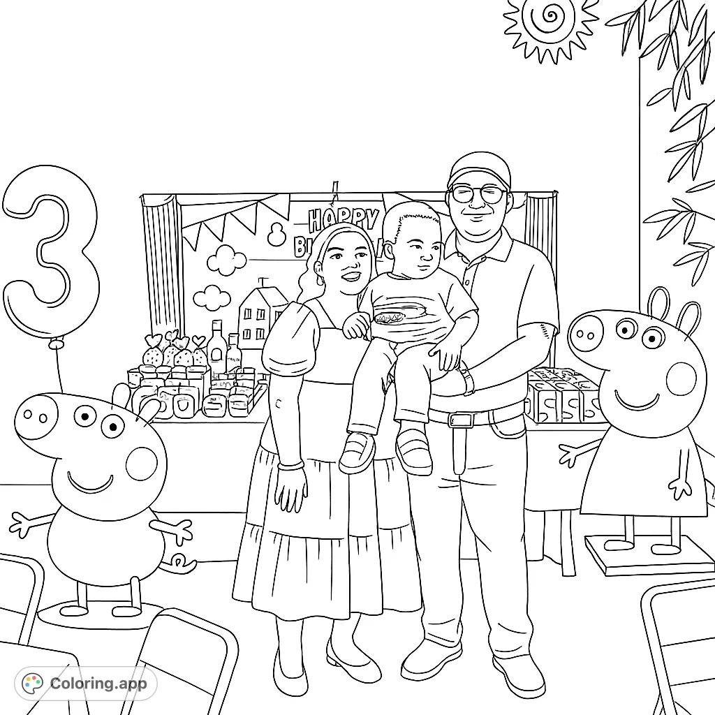 Celebrate a 3rd birthday with this family and cartoon character birthday party coloring page. A free printable coloring page for kids and adults!