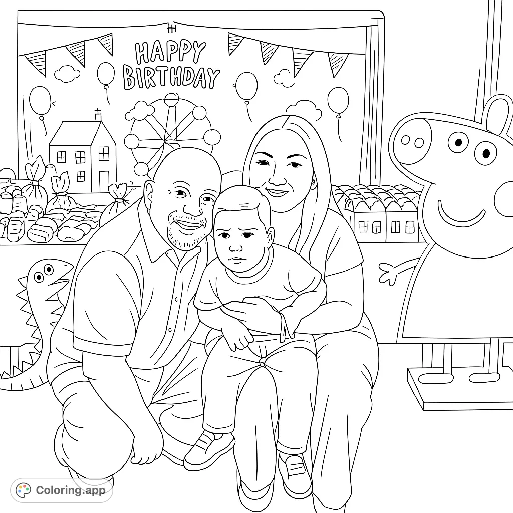 Celebrate a special day with this family birthday party coloring page featuring a loving family, festive decorations, and a beloved cartoon character.