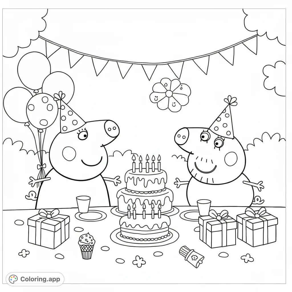Celebrate with two cheerful pig characters at a festive birthday party, complete with a tiered cake, gifts, and balloons. A fun, free printable coloring page!