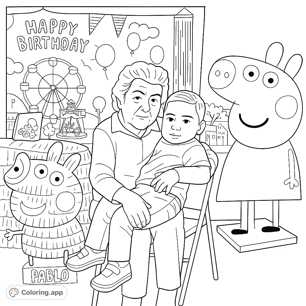 Celebrate with this festive birthday coloring page featuring a man and child, a fun character piñata, and a lively carnival backdrop.