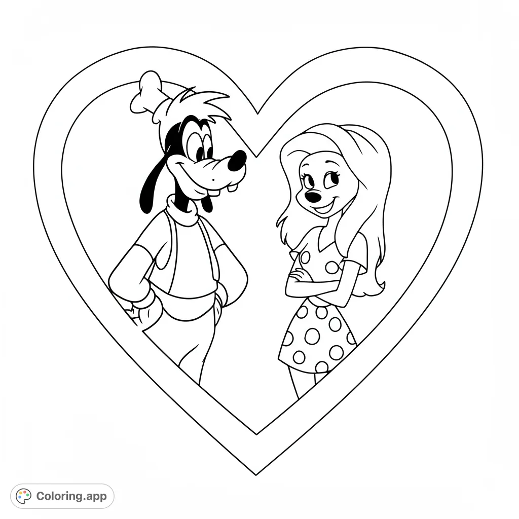 Color Max and Roxanne from A Goofy Movie, framed within a classic heart shape. A nostalgic and charming free printable coloring page for fans.