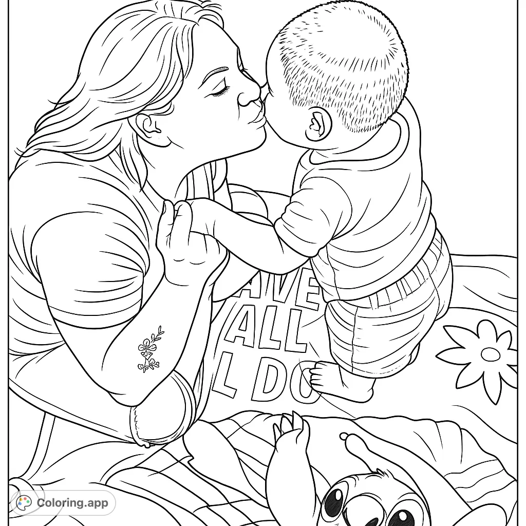 A heartwarming family bonding coloring page featuring a mother and child sharing a tender moment on a patterned blanket, perfect for all ages.