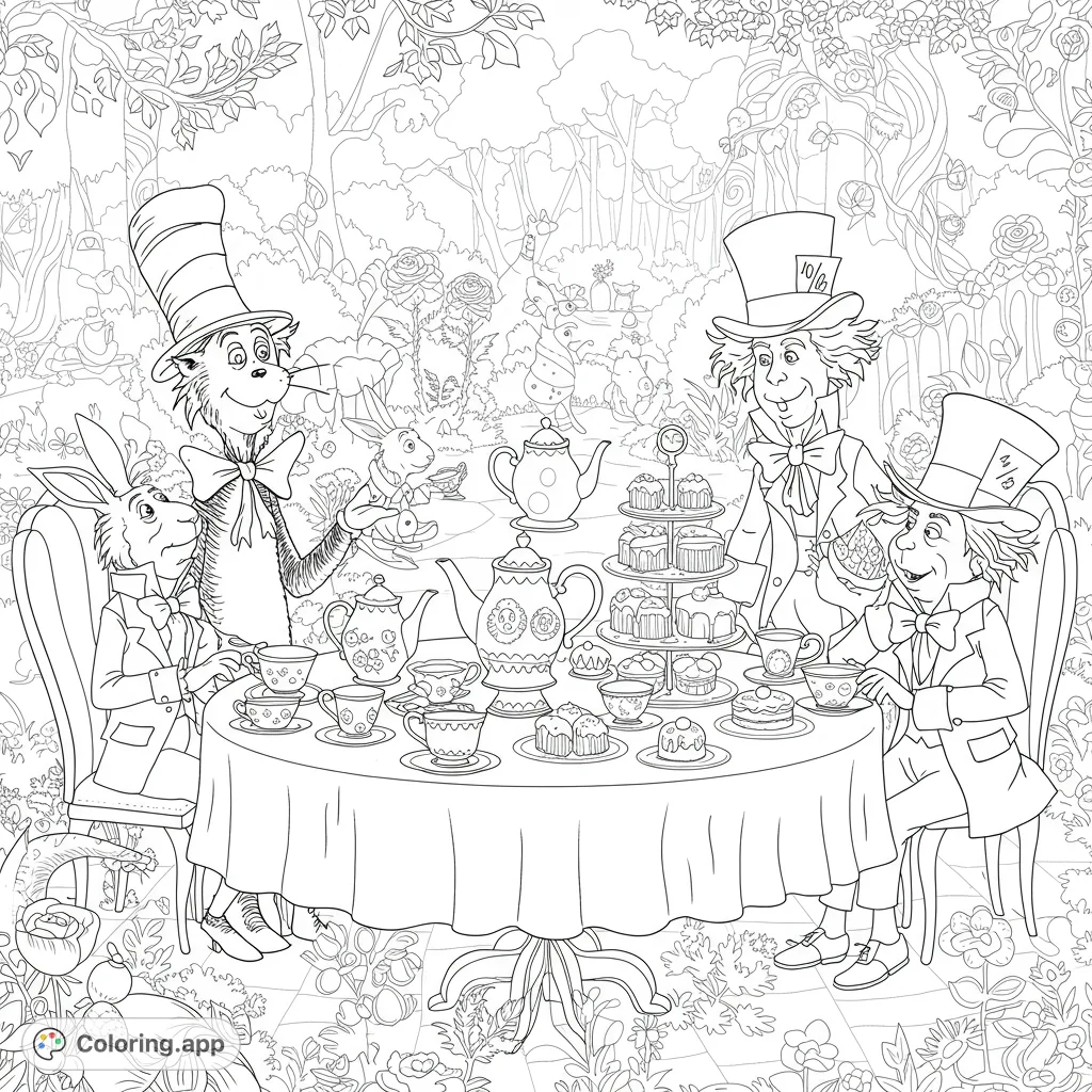 Join the Cat in the Hat and Mad Hatter for a whimsical tea party! A delightful scene filled with eccentric characters, teacups, and treats awaits your creative touch.