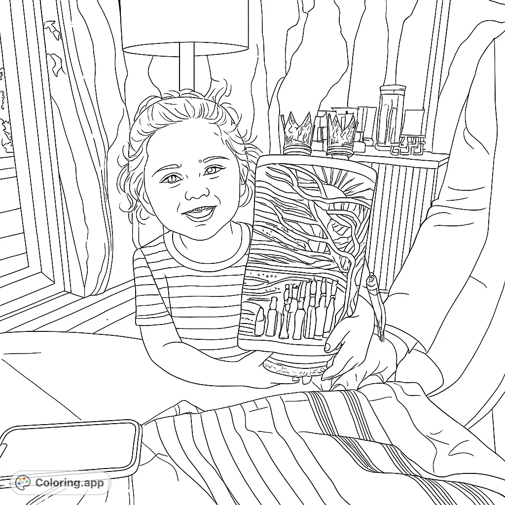 A heartwarming free printable coloring page featuring a smiling child presenting a decorative object with a tree and sun design, perfect for kids and adults.