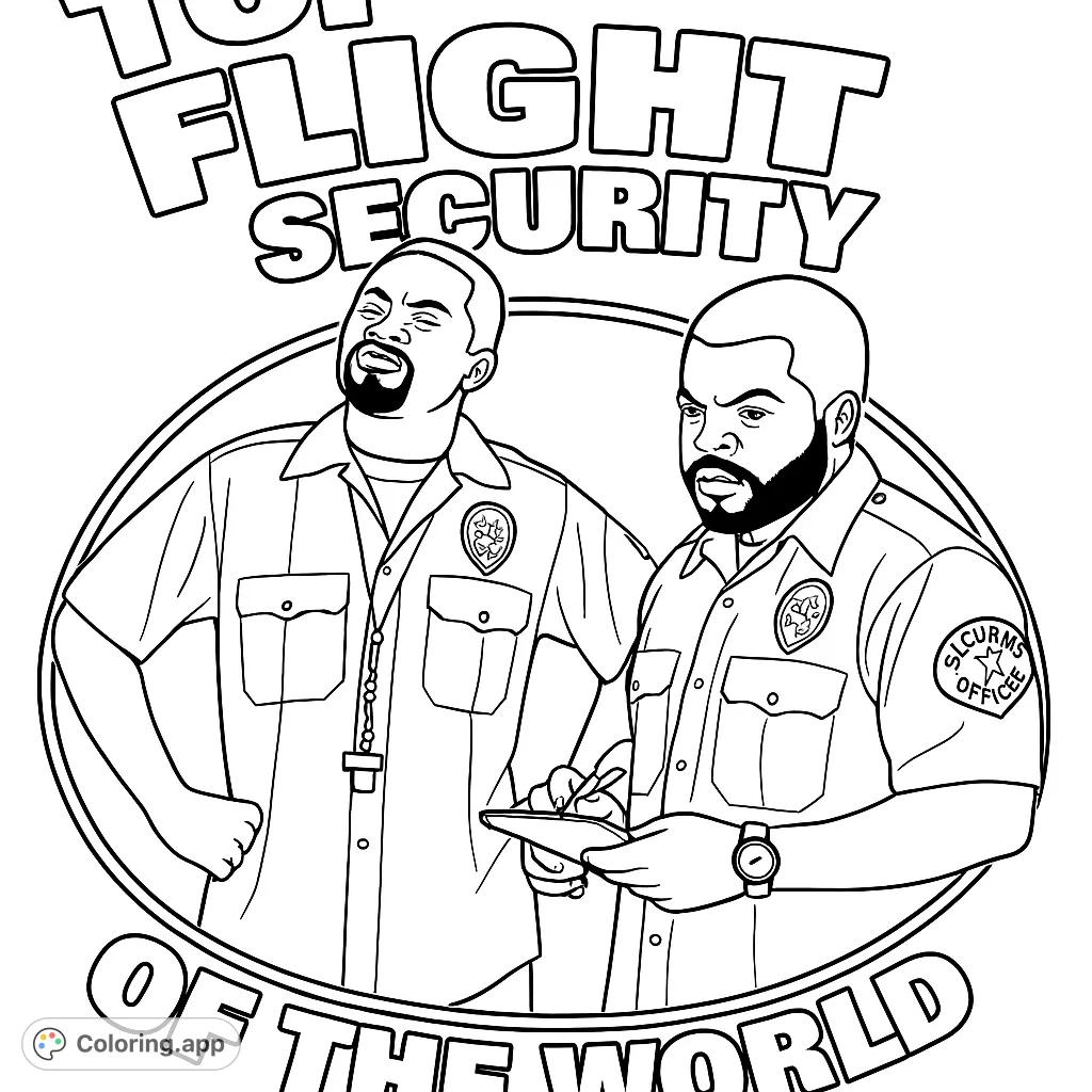 Color two confident security guards in uniform, framed in an oval. A fun, free printable security guards coloring page for all ages.