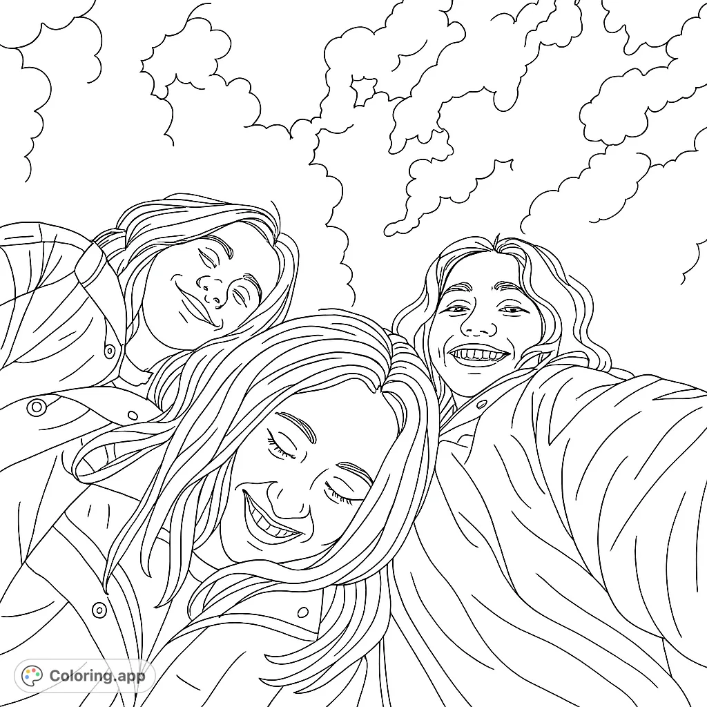 A joyful selfie of three friends with big smiles and flowing hair, captured from a low angle against a cloudy sky. Perfect for a fun coloring session!