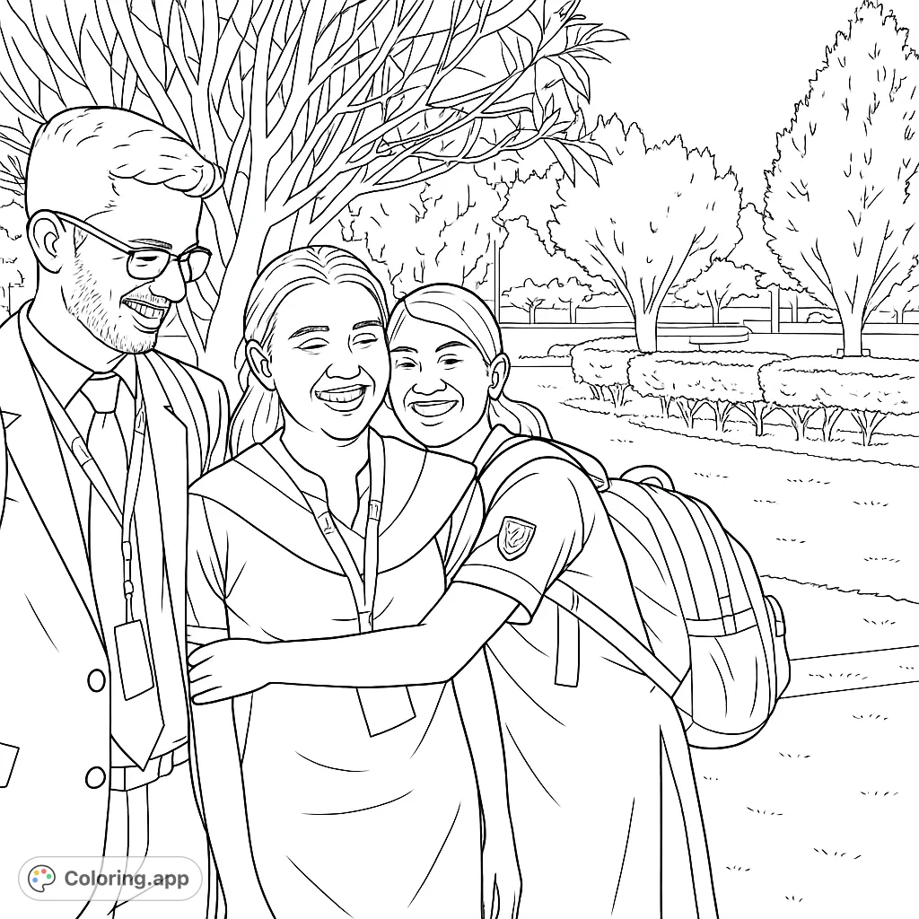 Capture the warmth of friendship with this free printable campus reunion coloring page. Three smiling individuals share a joyful embrace outdoors.