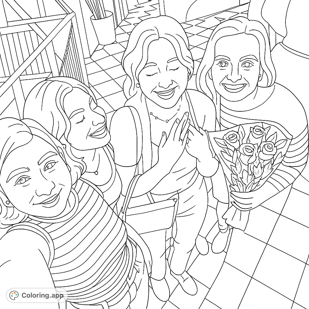 A heartwarming group of four women celebrating friendship, captured in a joyful moment with a bouquet of roses. Perfect for a free printable coloring page.