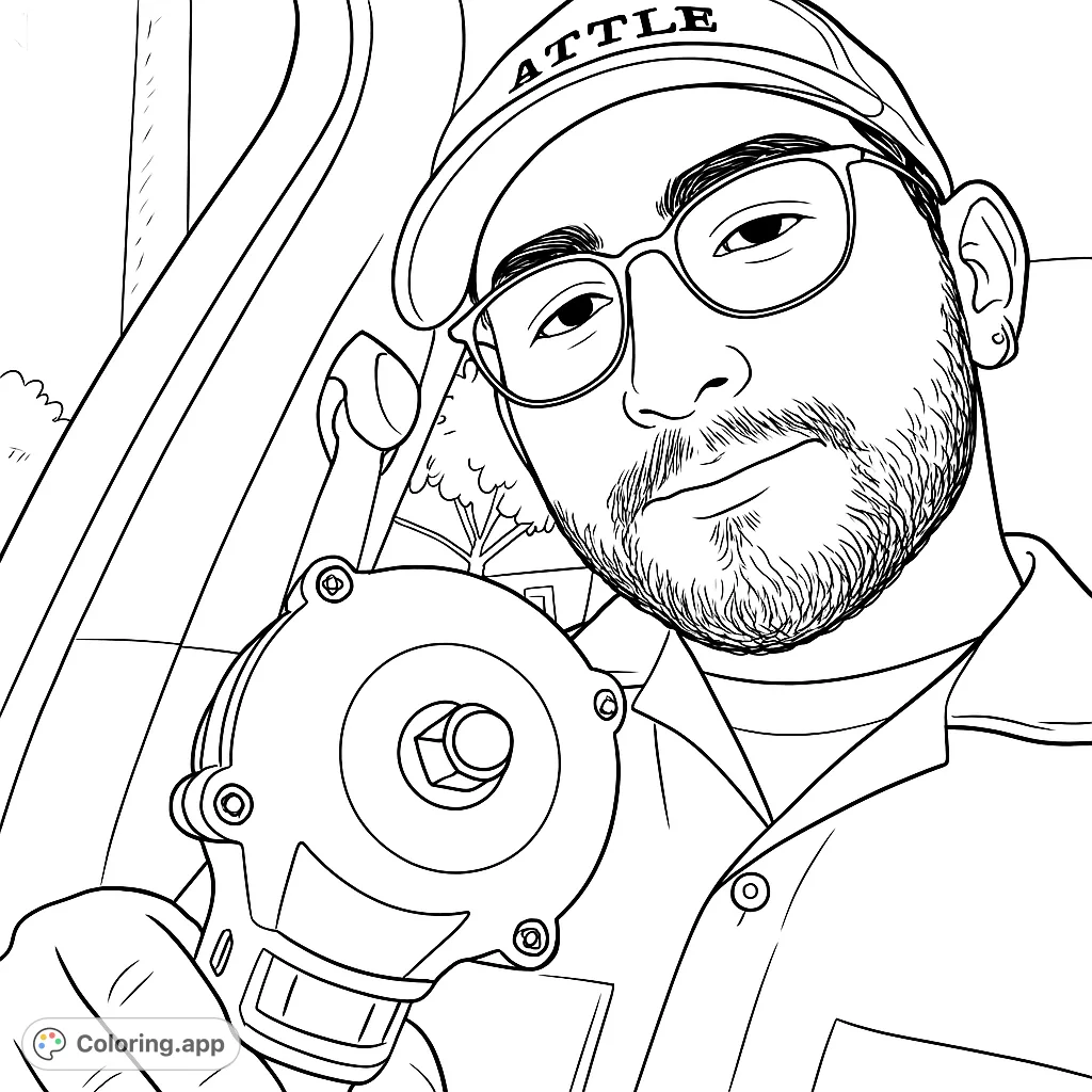 A focused mechanic in glasses and a cap holds a detailed mechanical tool, ready to work on a vehicle.