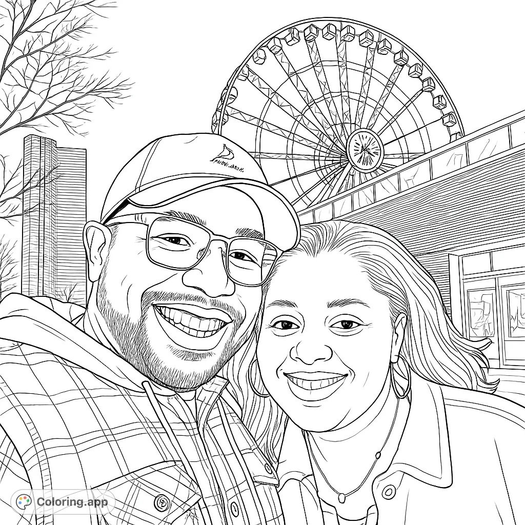 Capture a joyful moment with this free printable couple's selfie coloring page, featuring a smiling duo against an urban backdrop with a Ferris wheel.