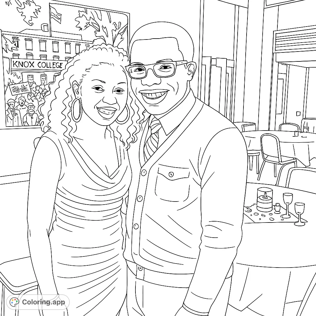 A joyful couple smiles brightly, standing together in a detailed indoor setting with a college poster and banquet tables. Perfect for personalizing.
