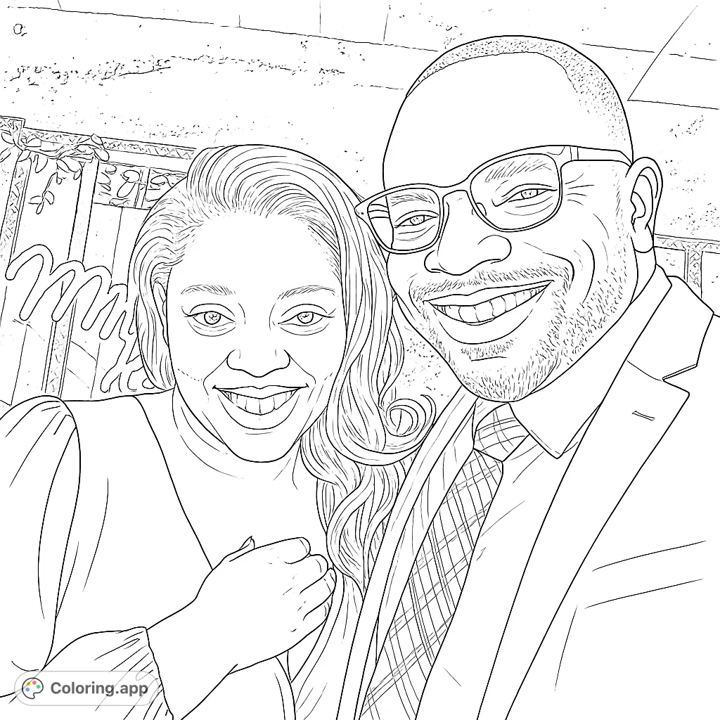 A joyful portrait of a smiling couple, perfect for personalizing. Features a man in glasses and suit, and a woman with long hair, set against a textured background. A heartwarming free printable coloring page for all ages.
