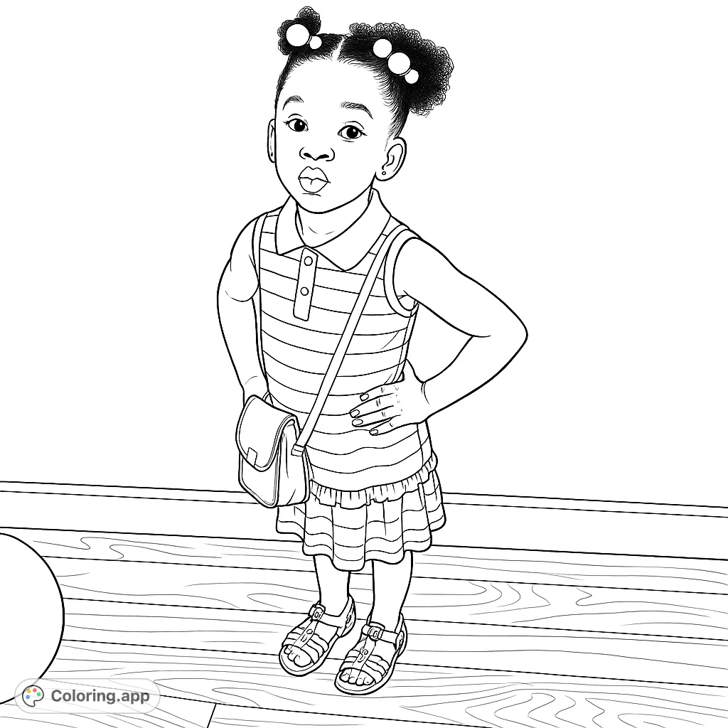 A charming toddler strikes a confident pose in a striped dress and sandals, ready for coloring fun. Perfect for kids!