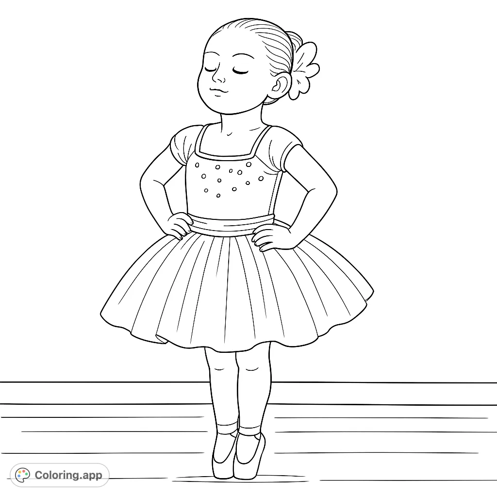A charming ballerina stands en pointe with hands on hips, eyes closed, wearing a detailed tutu. Perfect for a delightful ballet coloring page.