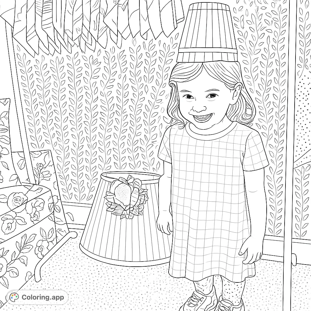 A cheerful girl with a bucket hat, wearing a plaid dress, stands in a room with patterned walls and furniture, ready for creative coloring fun.