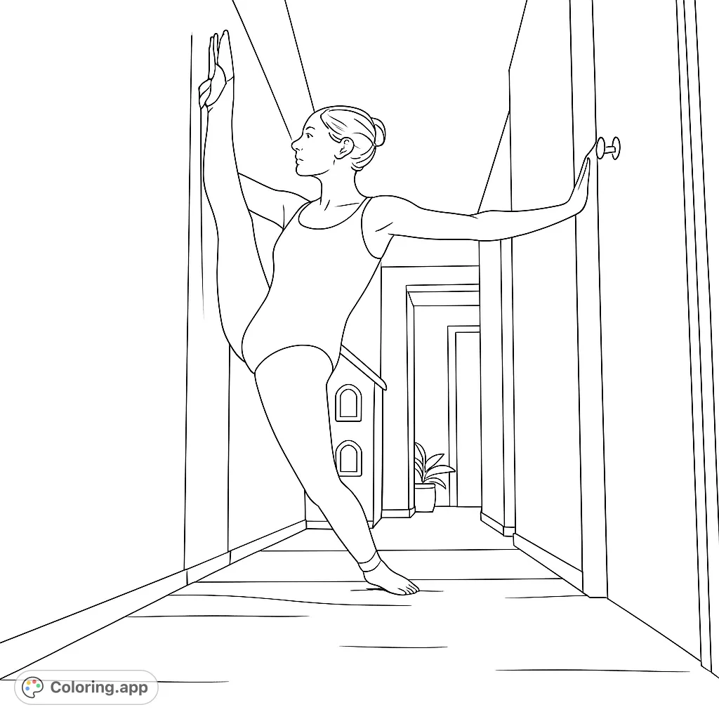 Graceful ballerina stretching in a hallway, showcasing elegance and flexibility. A beautiful dance coloring page for all ages.