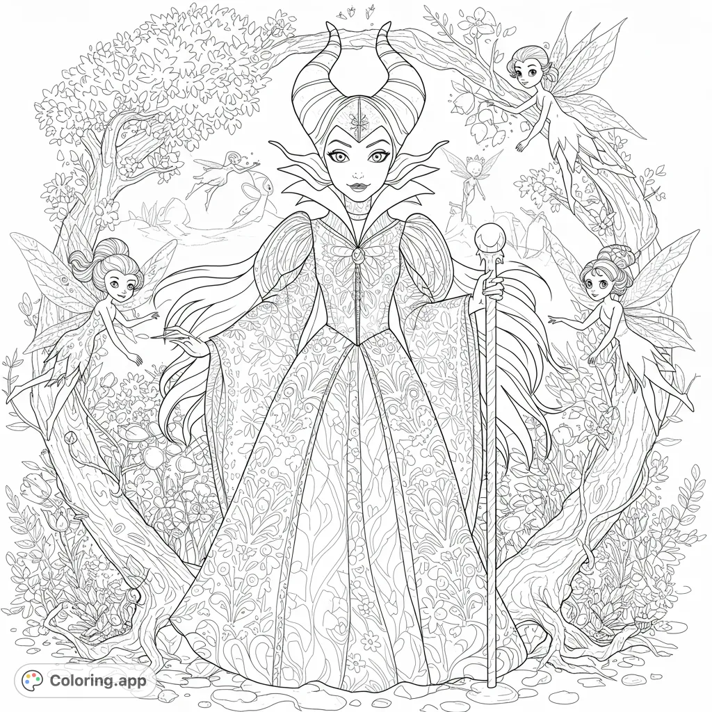 A majestic queen with horns and a staff stands amidst an enchanted forest, surrounded by whimsical fairies. Intricate details for magical coloring.