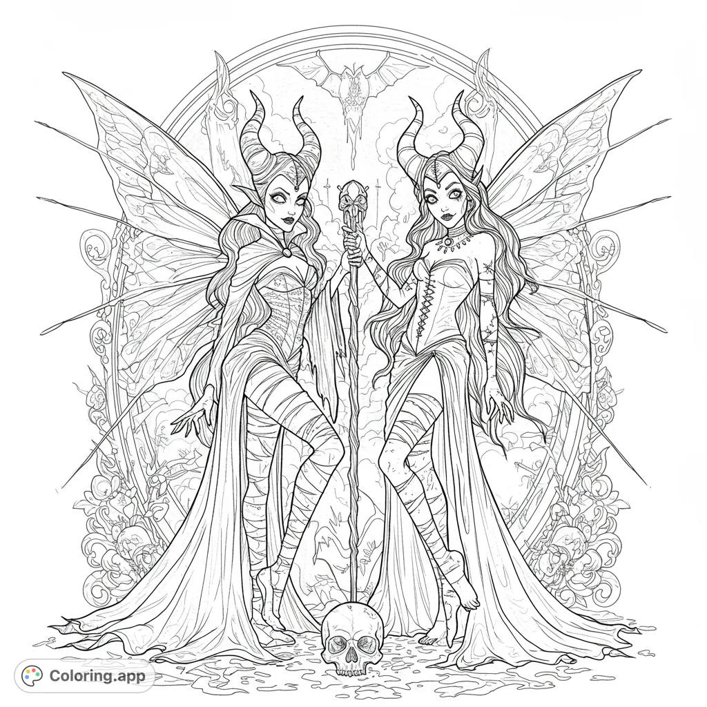 Unleash your creativity with this dark fantasy coloring page featuring two horned fairy sorceresses, intricate wings, and mystical gothic elements.