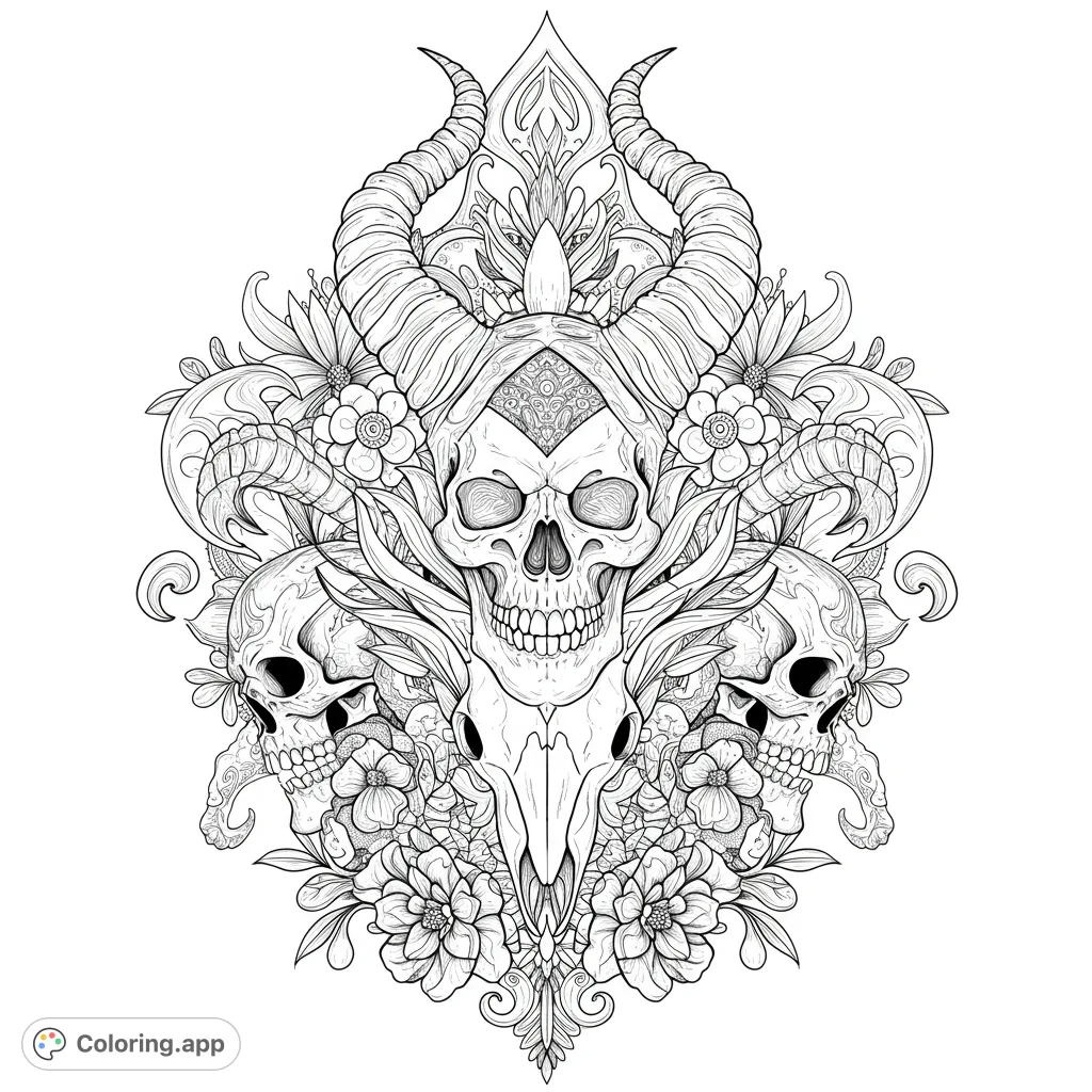 Intricate gothic skull and floral design, perfect for detailed coloring. Features horned skulls, flowers, and ornate patterns. Free printable coloring page for adults.