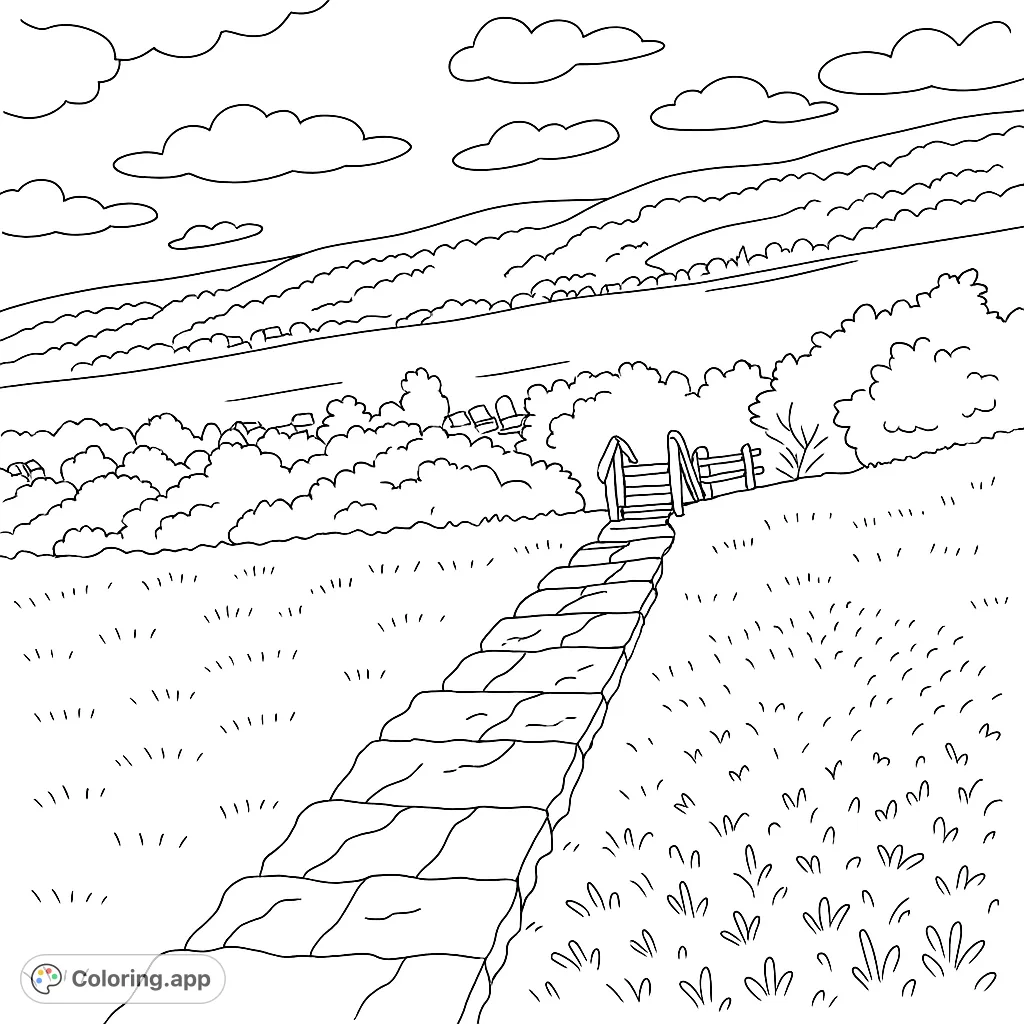 Explore a peaceful countryside path leading to rolling hills and a wooden stile. A free printable nature coloring page for all ages.