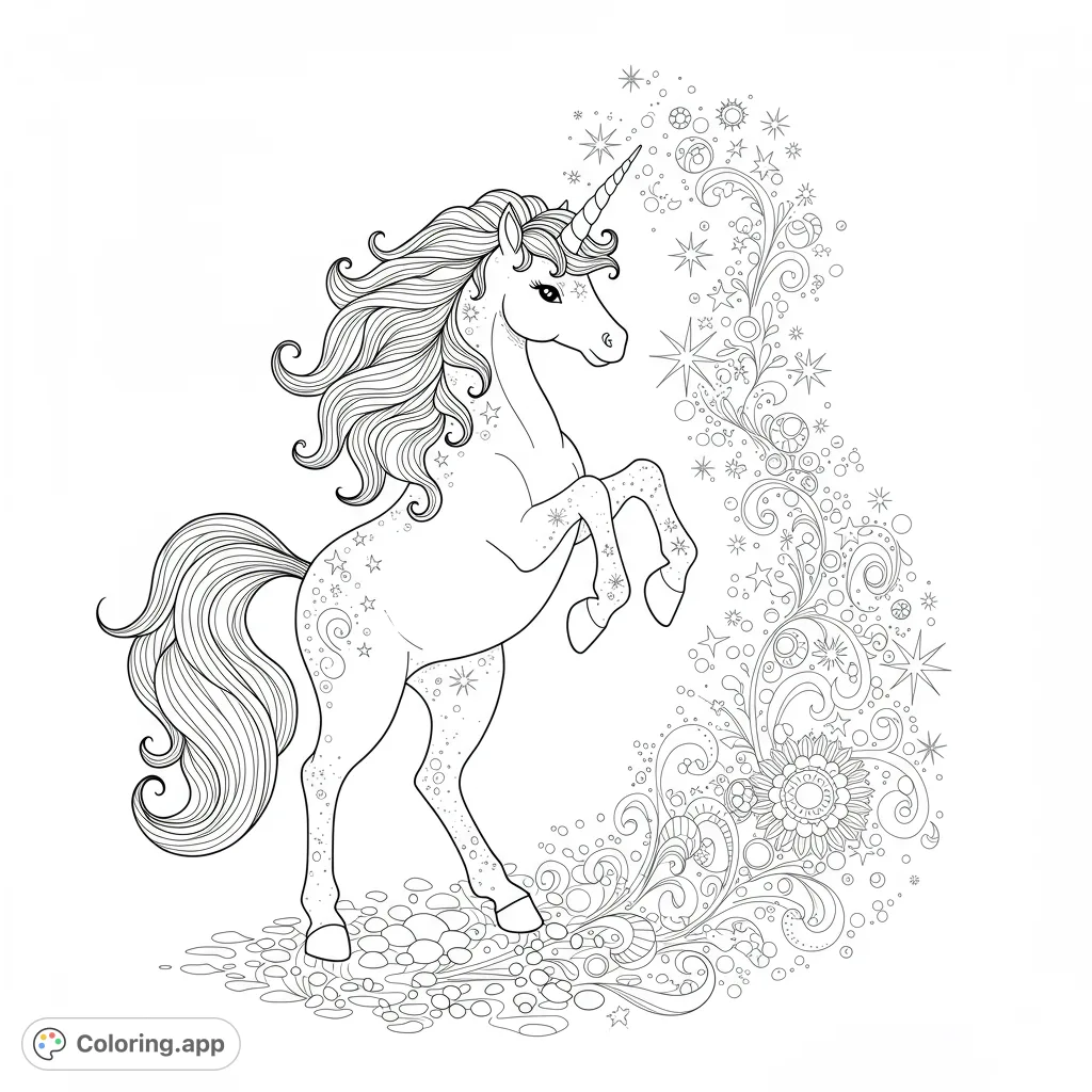 A majestic unicorn rears amidst a swirl of stars and intricate patterns, perfect for a magical coloring adventure.