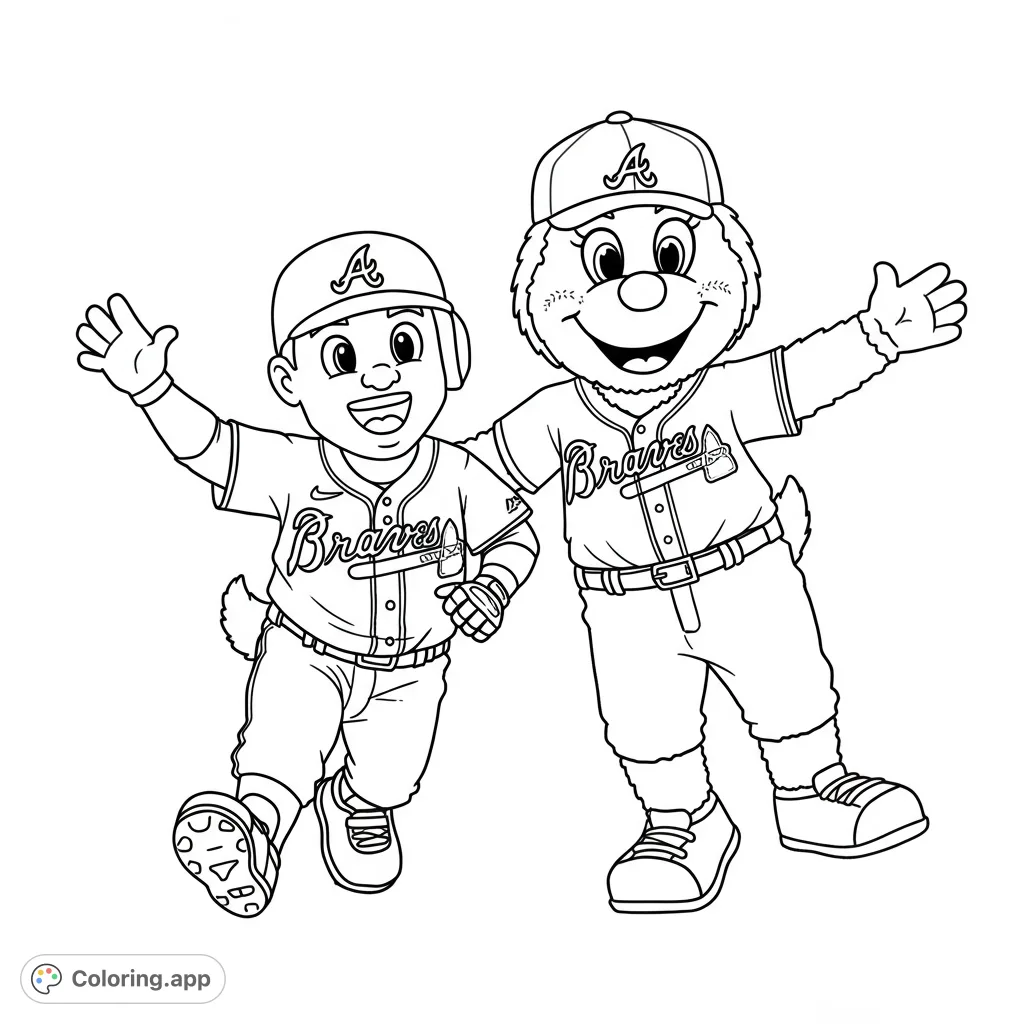 Dynamic baseball duo ready for action! A cheerful boy and a friendly mascot in uniform, perfect for sports fans to color and enjoy.
