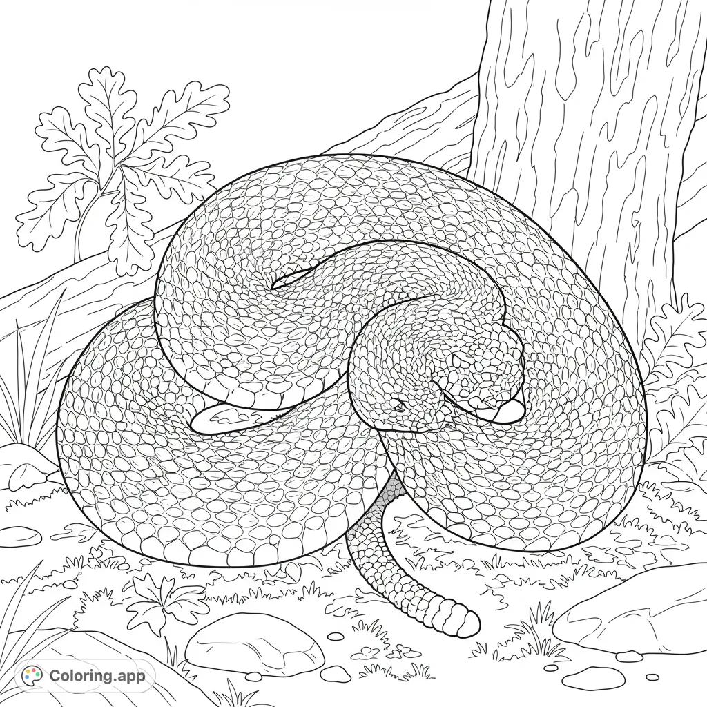 A detailed timber rattlesnake coiled on a forest floor, featuring intricate scales and forest elements. Perfect for nature enthusiasts.