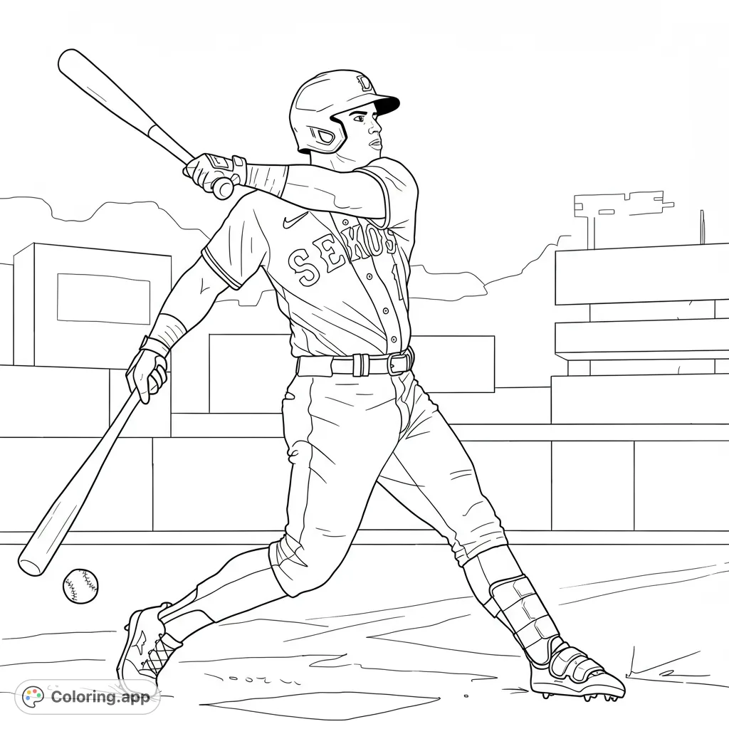 Capture the dynamic energy of Elly De La Cruz in action on the baseball field. A detailed, pure black and white line drawing perfect for sports fans.