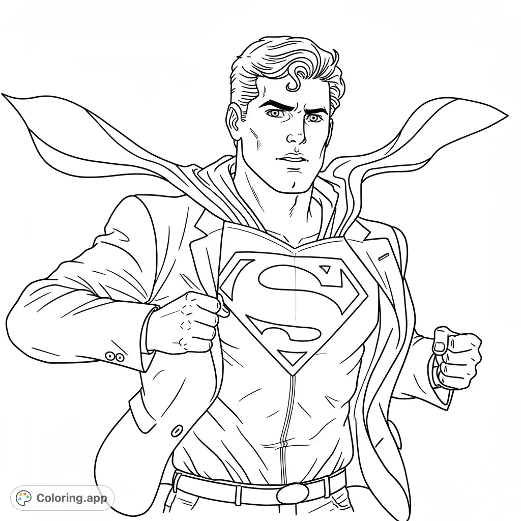 Dynamic superhero reveal! A powerful hero pulls open his suit to show his iconic emblem and flowing cape. A thrilling comic book hero coloring page.