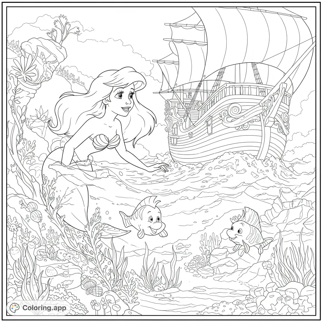 Dive into an enchanting mermaid adventure with a friendly fish and a grand sailing ship. A magical underwater scene for all ages.