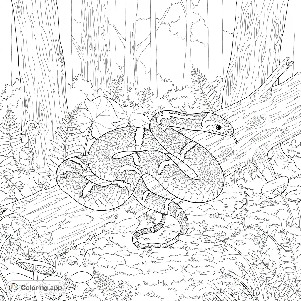 A beautiful milksnake gracefully coiled amidst a lush forest, featuring intricate patterns and natural elements for a captivating coloring experience.