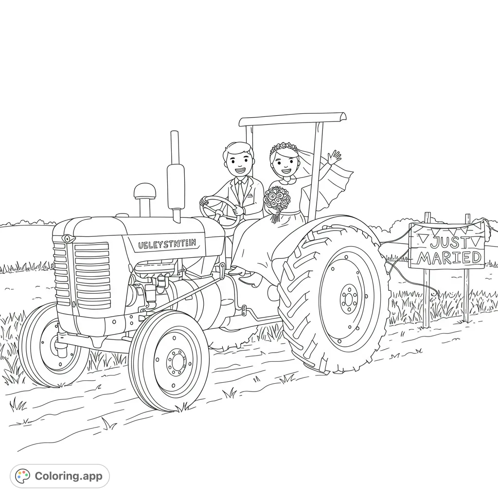 Celebrate love with this charming country wedding tractor coloring page. A happy newlywed couple rides a vintage tractor through a scenic rural landscape.