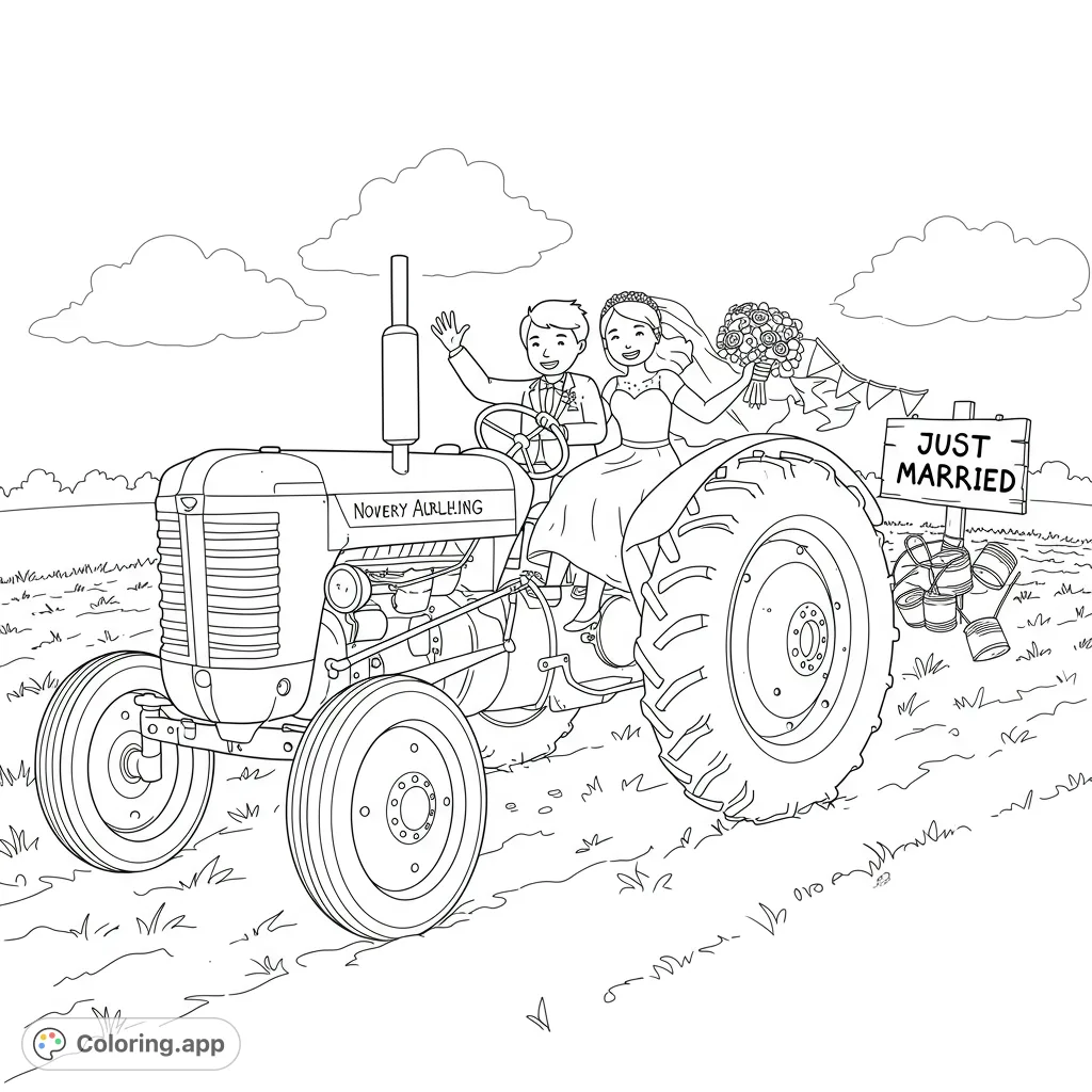 Celebrate love with this charming wedding tractor coloring page! A happy couple rides a vintage tractor, perfect for a unique, rustic celebration.