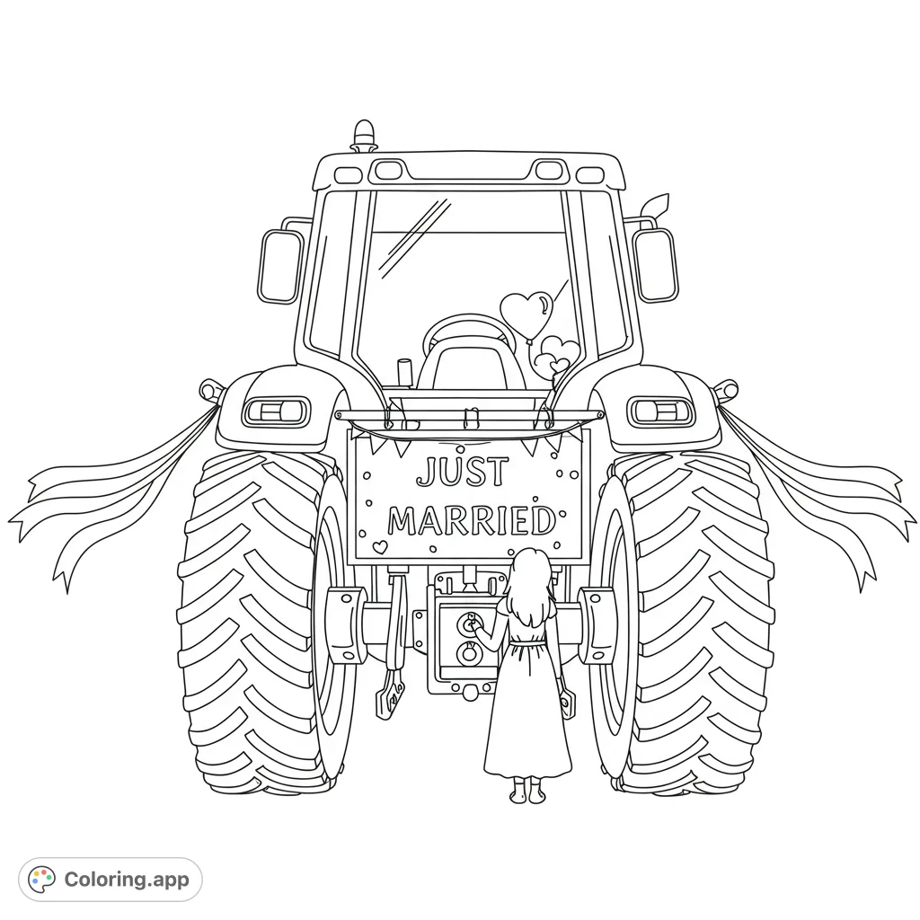 Celebrate love with a charming wedding tractor coloring page, featuring ribbons, balloons, and a festive banner. Perfect for all ages!