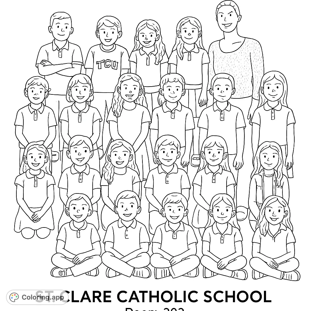 A heartwarming school group portrait coloring page featuring smiling students and a teacher, perfect for celebrating community and learning.