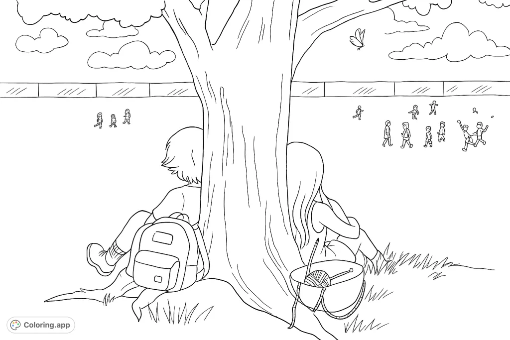A peaceful park scene featuring two friends relaxing under a large tree, with distant figures playing in a field. A serene outdoor escape.