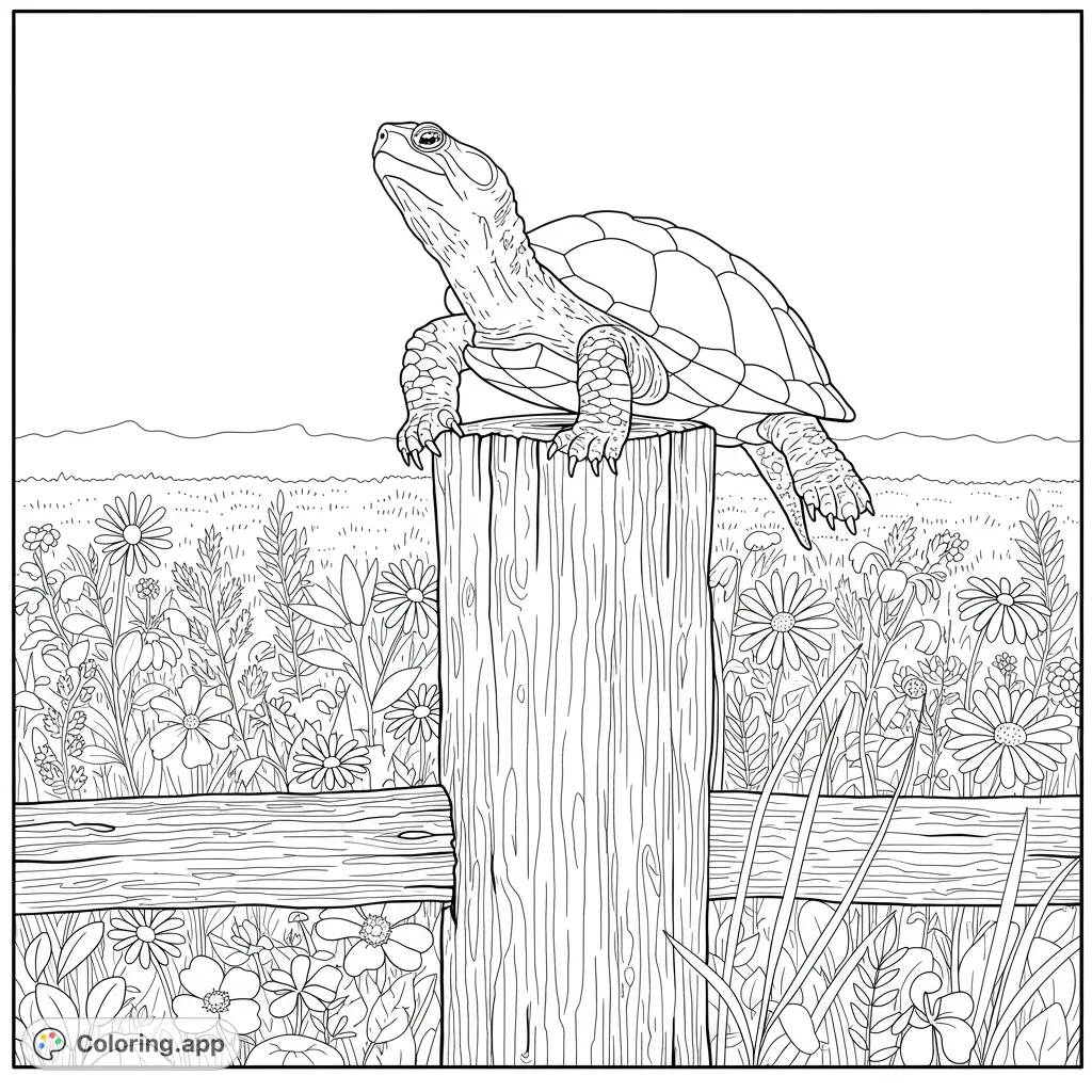 Discover a unique snapping turtle coloring page featuring a detailed turtle perched on a fence post amidst a field of wildflowers under an open sky.