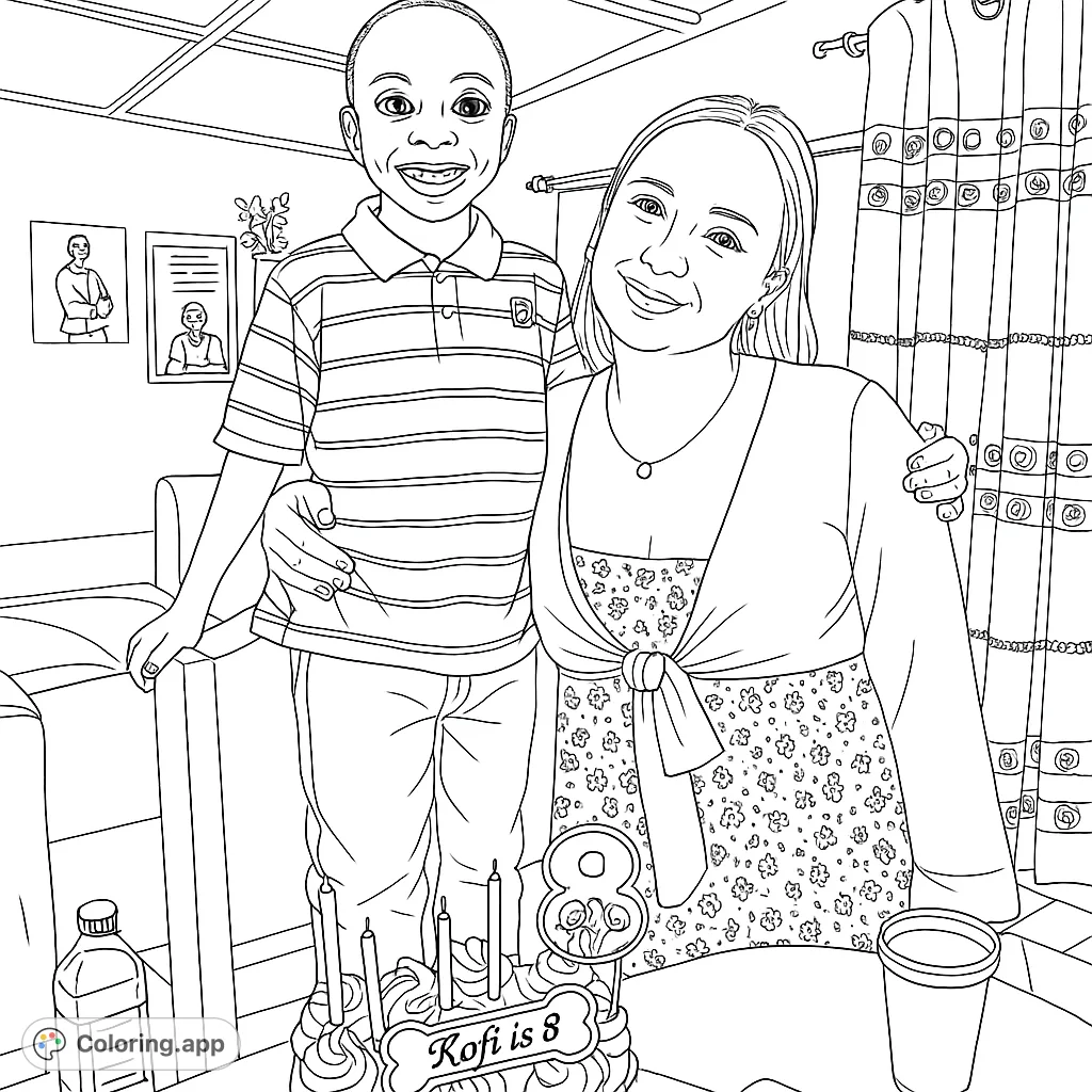 A heartwarming birthday scene featuring a smiling boy and woman with a festive cake. Perfect for a free printable birthday coloring page.