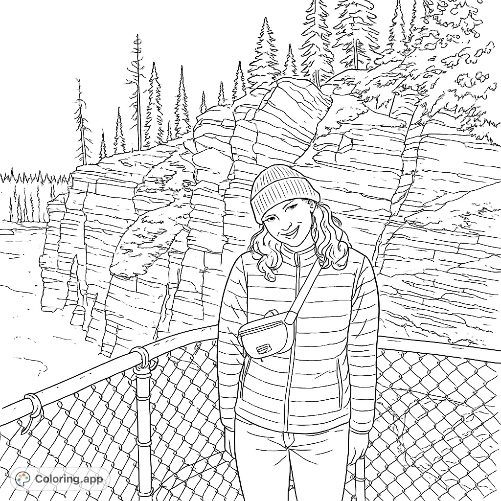 A smiling adventurer stands by a fence overlooking majestic cliffs and pine forests. A perfect nature explorer coloring page for all ages.