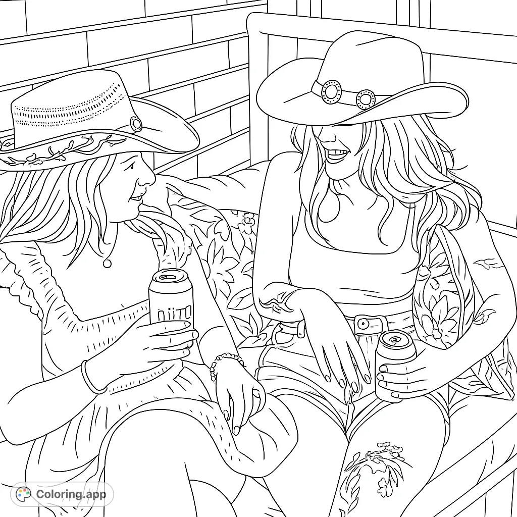 Two cowgirls in hats share a laugh, enjoying a casual moment. A fun, free printable coloring page for all ages with a relaxed, friendly vibe.