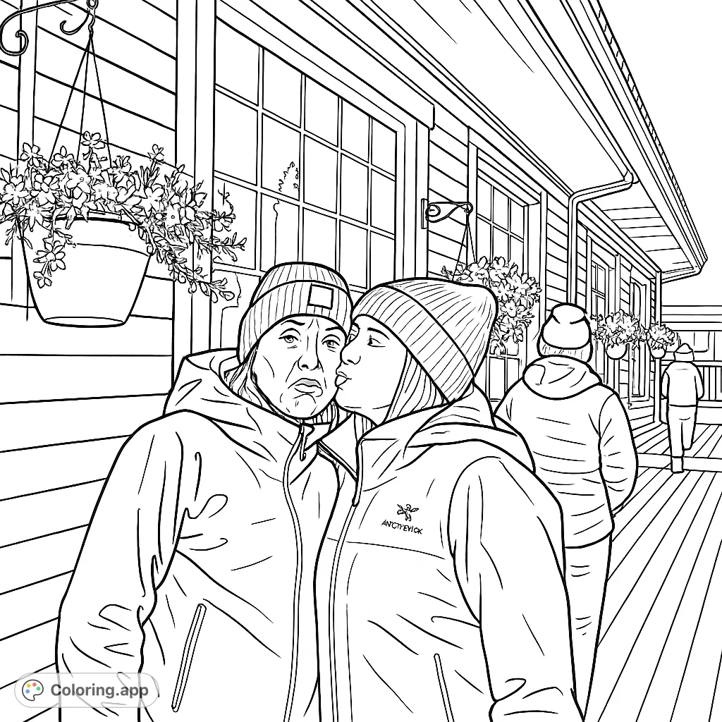 A heartwarming winter scene featuring a person kissing another's cheek on a cozy porch, with hanging flowers and distant figures. Free printable family coloring page.