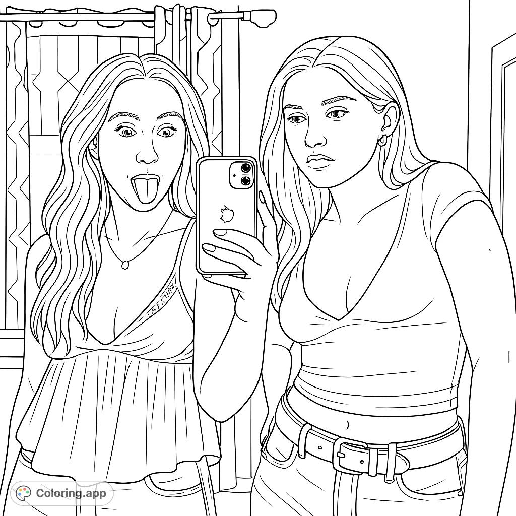 Two friends capture a fun mirror selfie, one playful, one serious. A modern, engaging scene perfect for creative coloring and expressing personality.