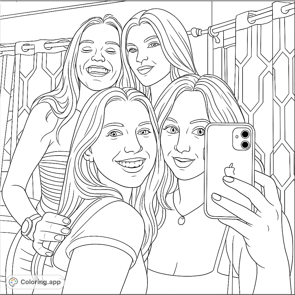 Capture friendship with this free printable friends selfie coloring page. Four smiling young women pose for a memorable group photo.