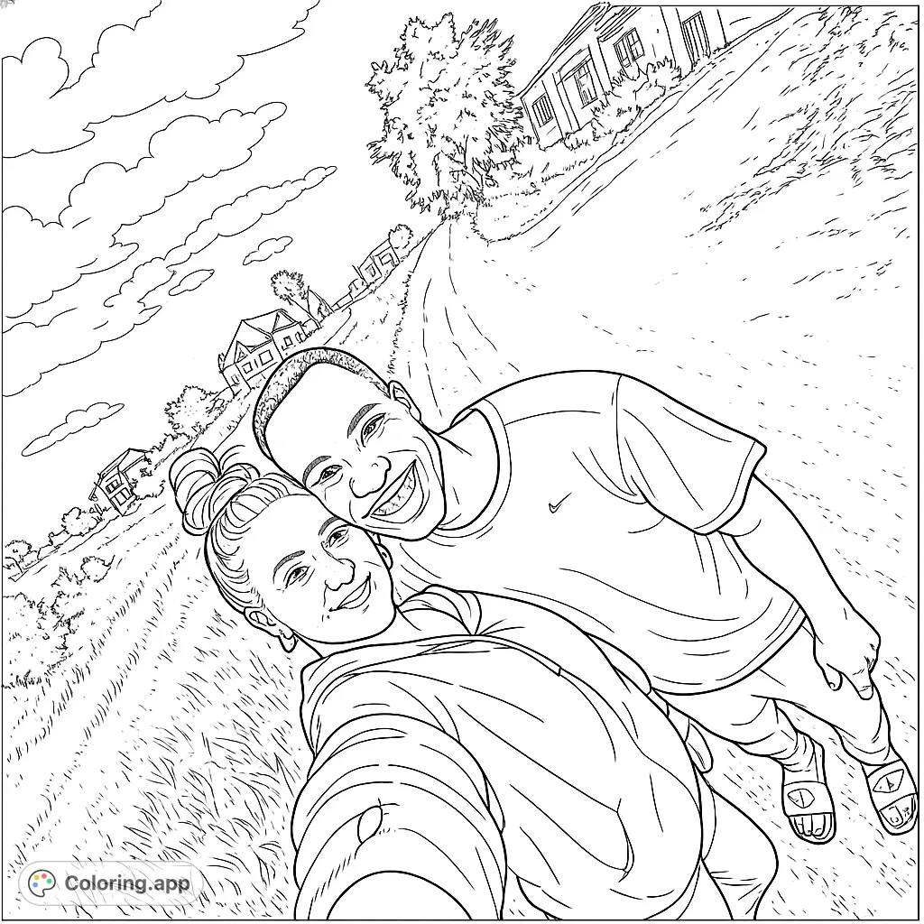 A joyful couple captures a selfie outdoors on a scenic path, surrounded by lush grass and distant buildings. A heartwarming, free printable coloring page.