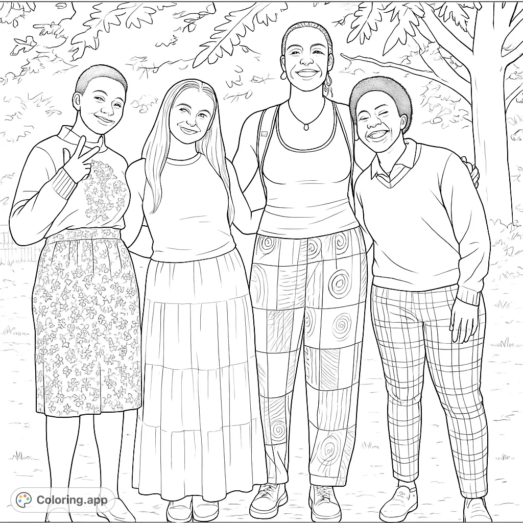 A heartwarming group of four diverse friends smiling and embracing outdoors, perfect for a free printable friendship coloring page.