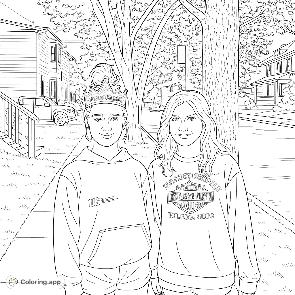 Two young girls, one wearing a crown, stand on a sidewalk in a friendly neighborhood scene, perfect for a free printable coloring page.