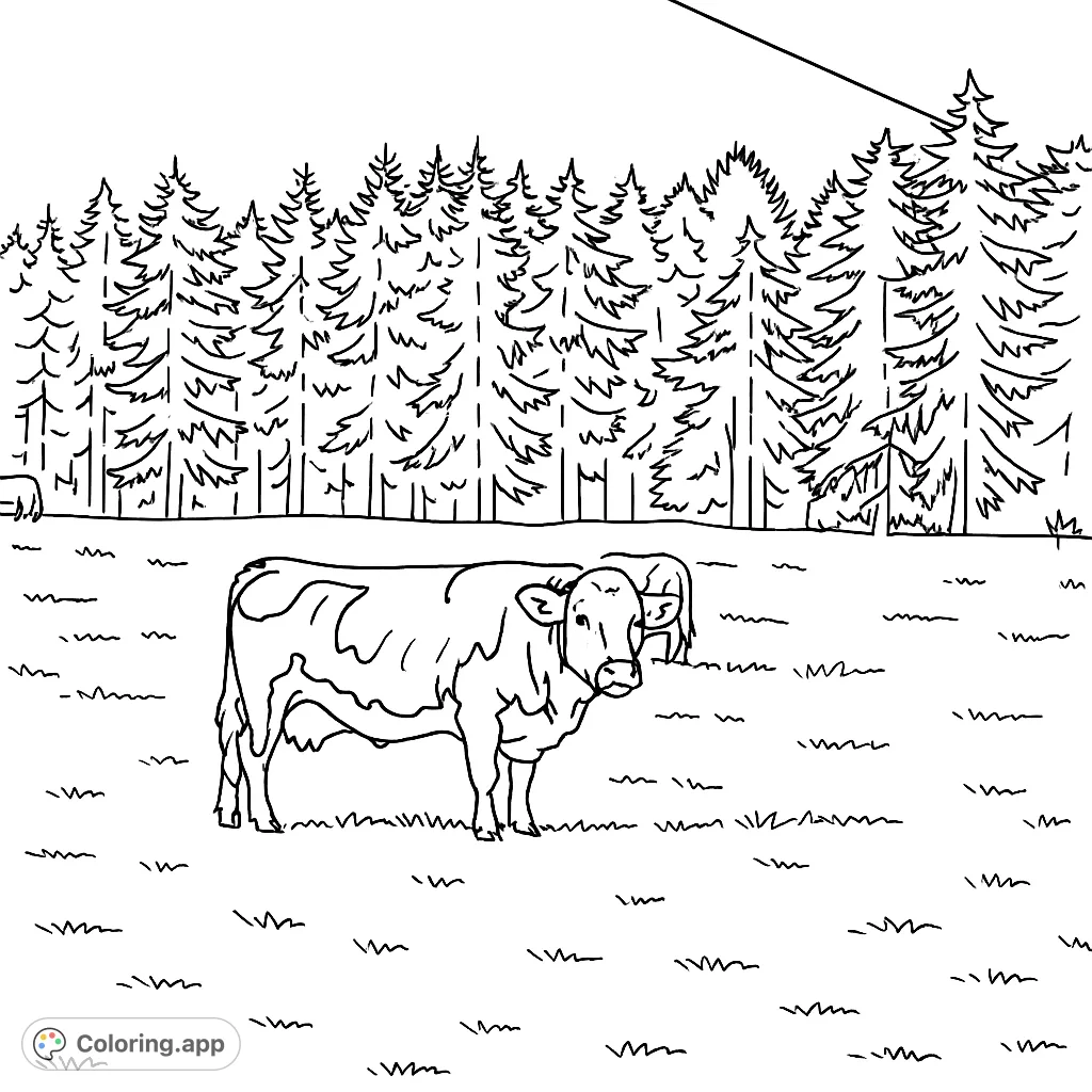 A serene farm animal coloring page featuring a cow in a grassy meadow with a dense pine forest backdrop. Perfect for nature and farm lovers.