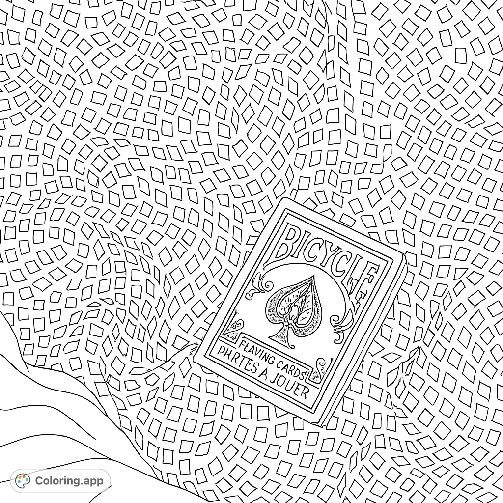 A detailed playing cards coloring page featuring a classic card deck on a mesmerizing geometric diamond pattern, perfect for adults.