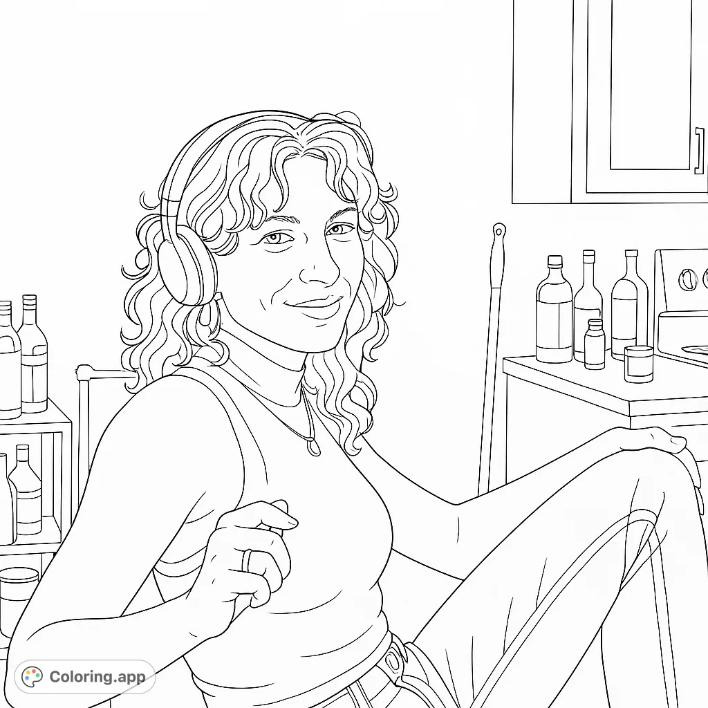 A smiling woman with curly hair and headphones relaxes in a kitchen, surrounded by bottles and a cozy atmosphere, ready for your creative colors.